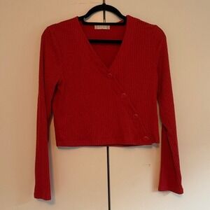 Altar'd State Red Ribbed Cropped Wrap Cardigan Sweater Womens M